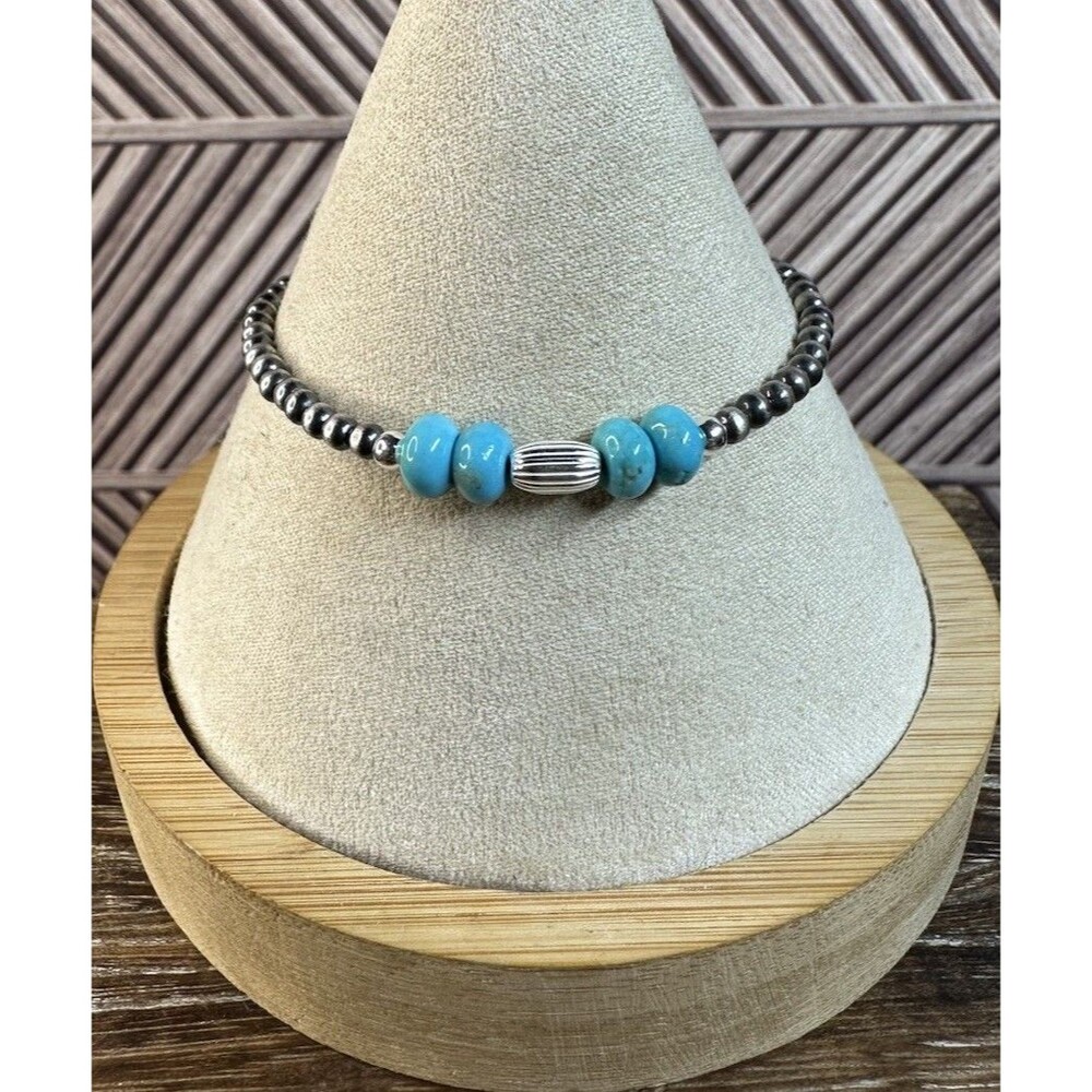 Native Southwest Style Sterling 3mm Desert Pearls Kingman Turquoise Bracelet 6.5